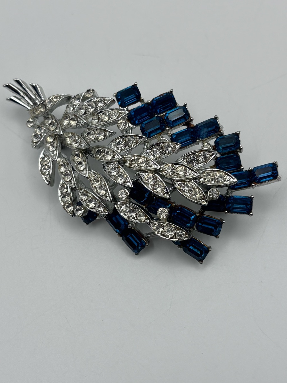Vintage Signed Francois by Coro Sapphire Blue & Crystal Leaf Brooch